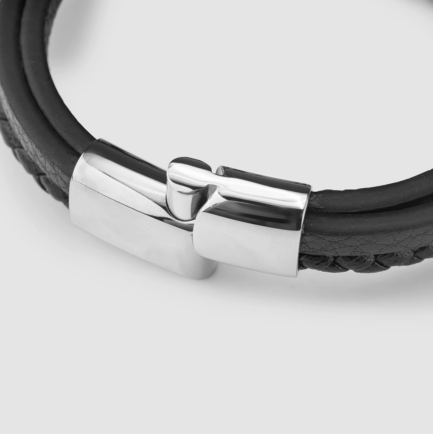 SERASAR 8″ Silver Leather Bracelets for Men Mens Cowhide Gift Box Braided Bracelet Stainless Steel Jewelry Wrist Band Cuff Wrap Rope Bangle Dad Pulseras para Hombres Cuero Regalo
