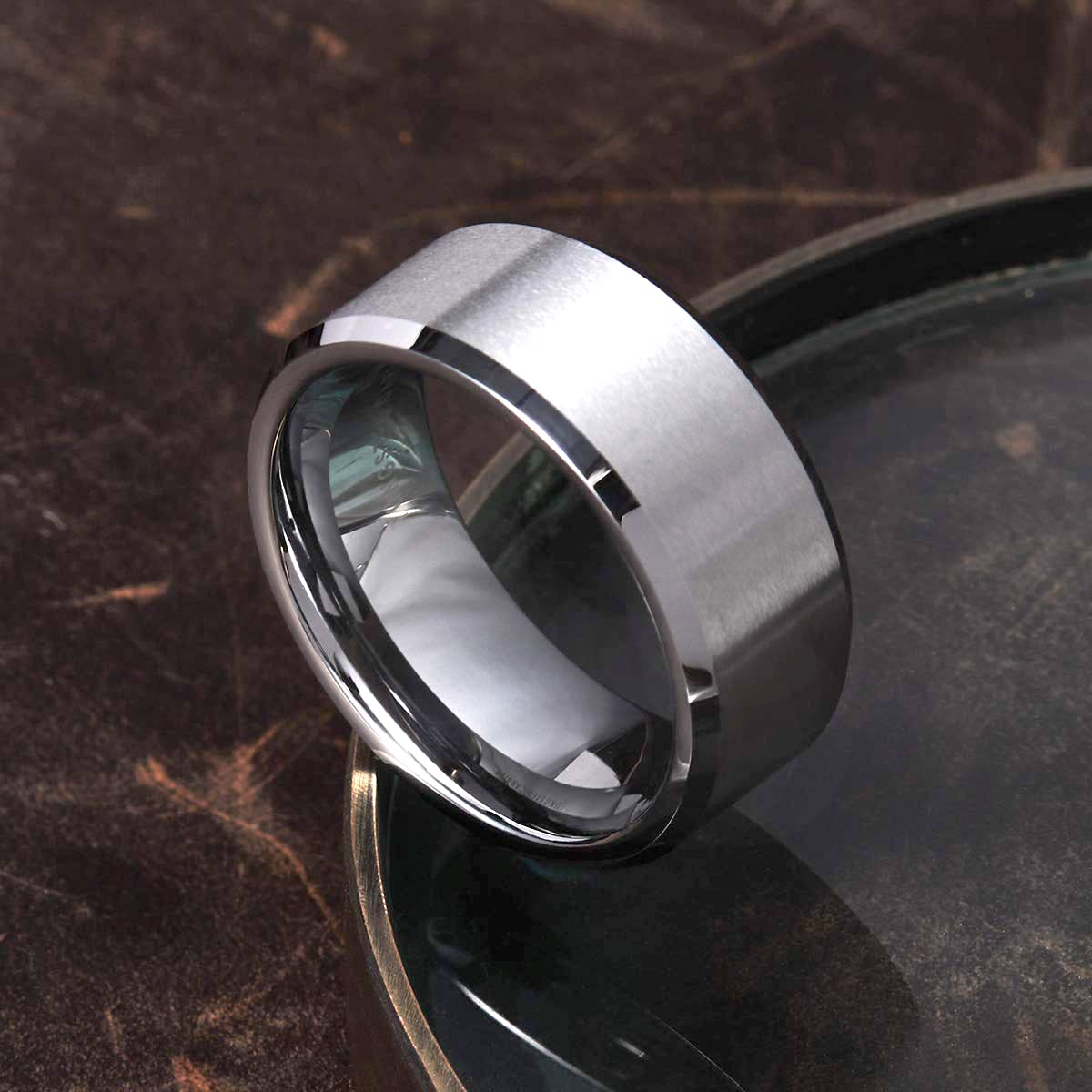 King Will 8mm Men's Silver Wedding Ring - Brushed Matte Surface, Beveled Polished Edge, Comfort Fit Size 12