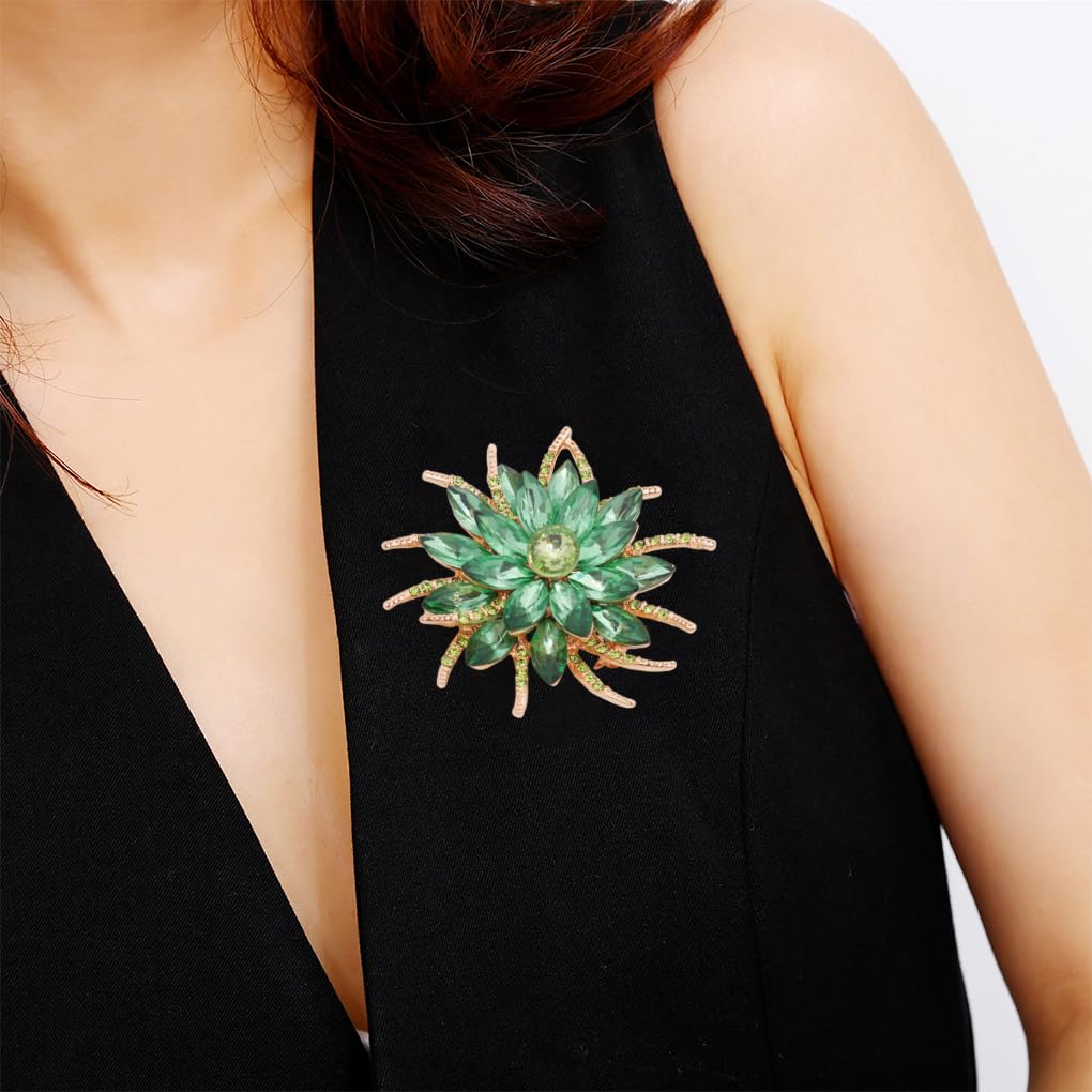 Rhinestone Large Flower Brooches Pins for Women Fashion Sparkly Crystal Sunflower Statement Brooch Unique Wedding Party Suit Dress Jewelry Accessories (Green2)