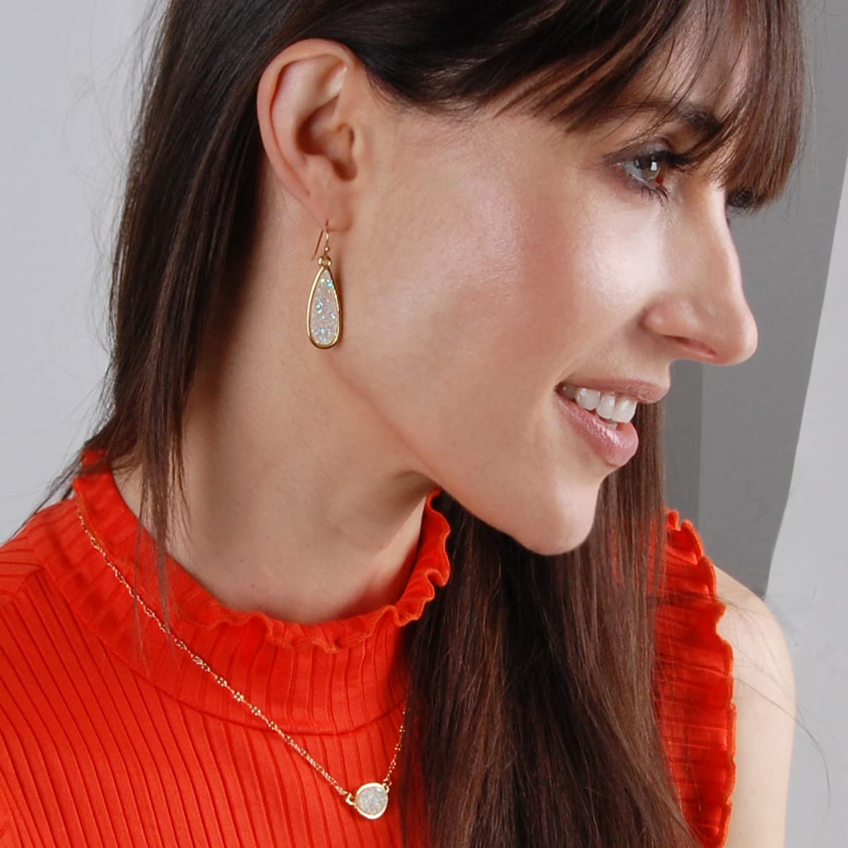 Simulated Druzy Drop Dangles - Gold Tone Sparkly Long Teardrop Dangly Earrings for Women, Gold Tone - White Created Opal