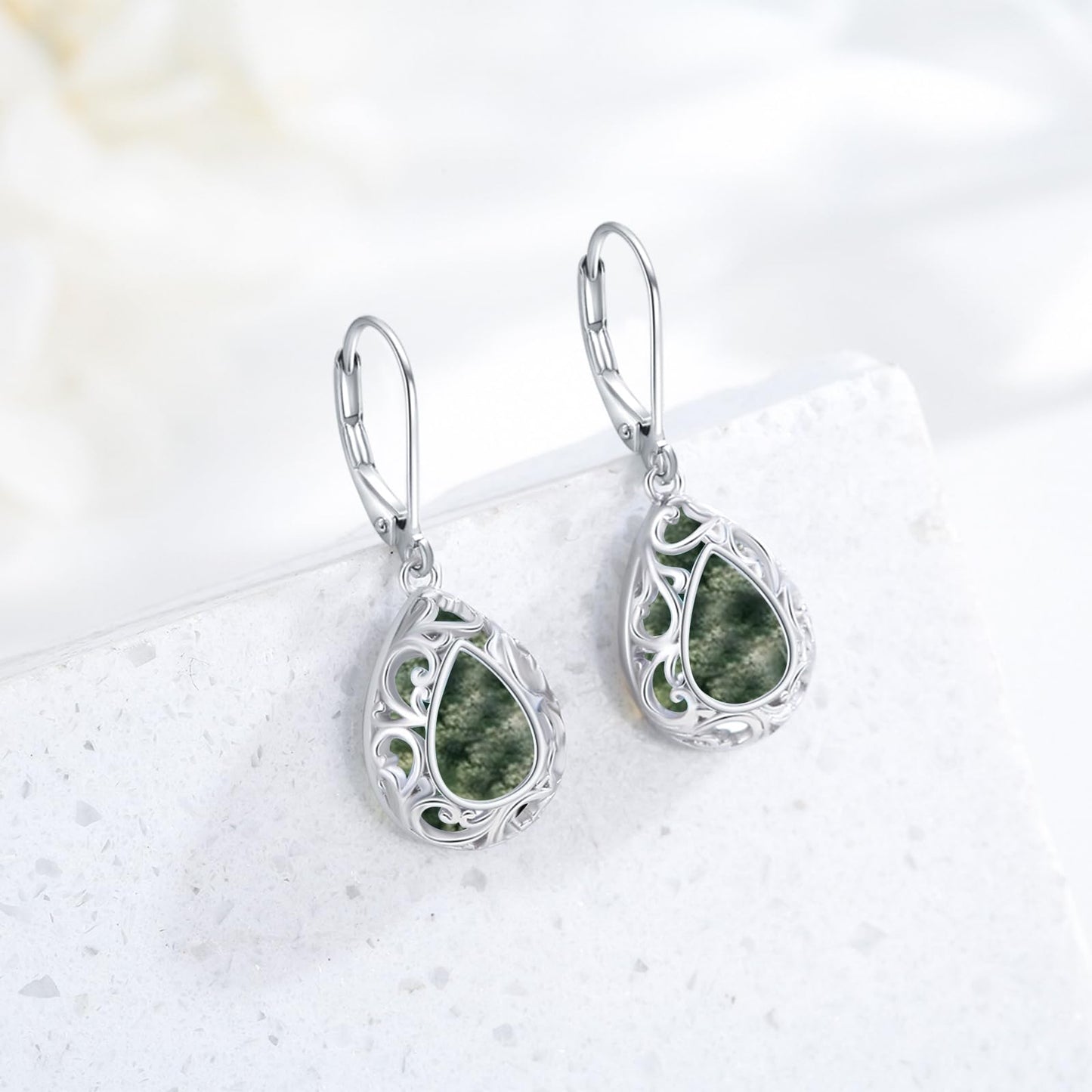 KoyeKei Filigree Moss Agate Leverback Earrings for Women 925 Sterling Silver Moss Agate Teardrop Dangle Drop Earrings Jewelry Filigree Graduation Birthday Gifts for Wife