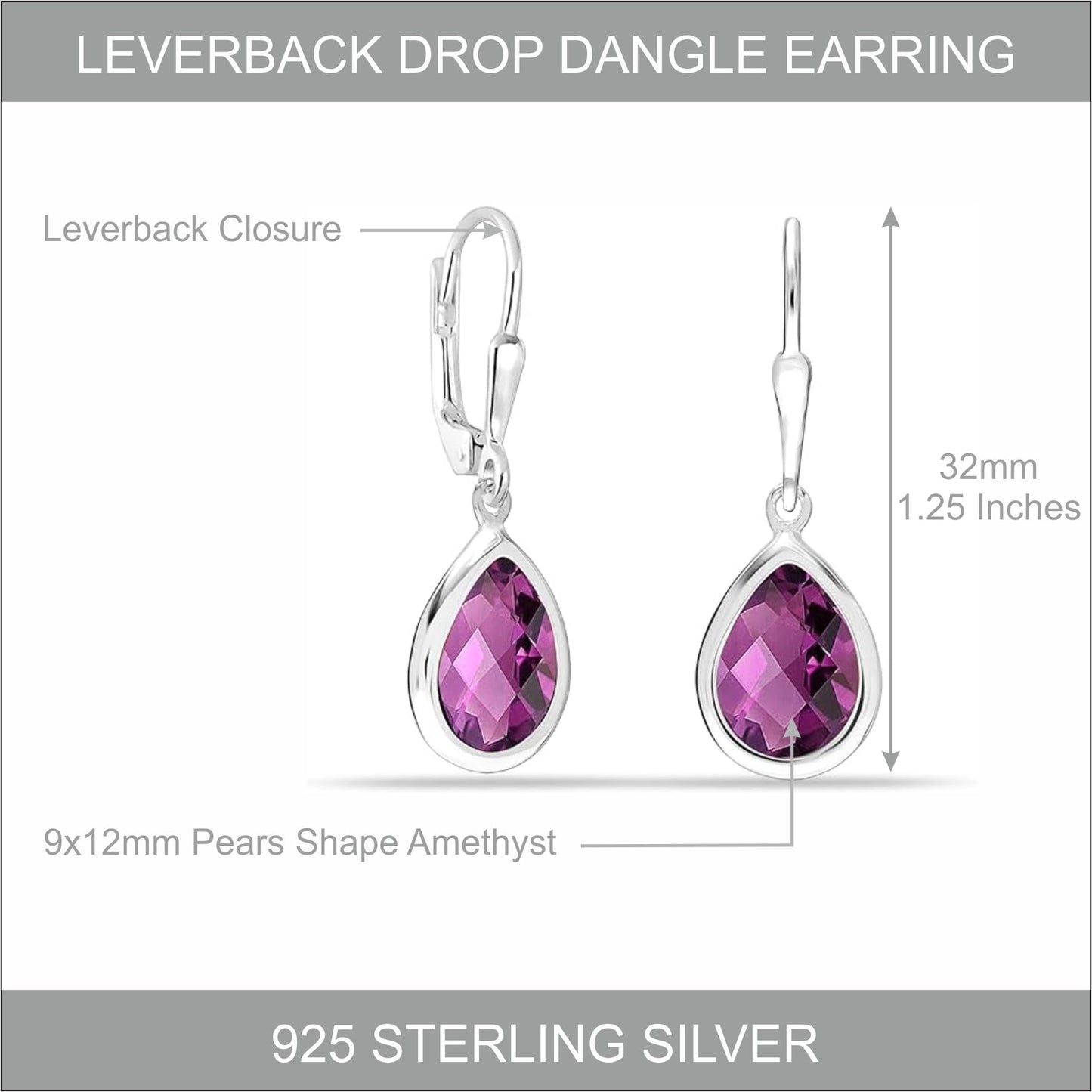 LeCalla 925 Sterling Silver Teardrop Leverback Earrings for Women | Pear Shaped Amethyst Gemstone Dangle Earrings 32MM