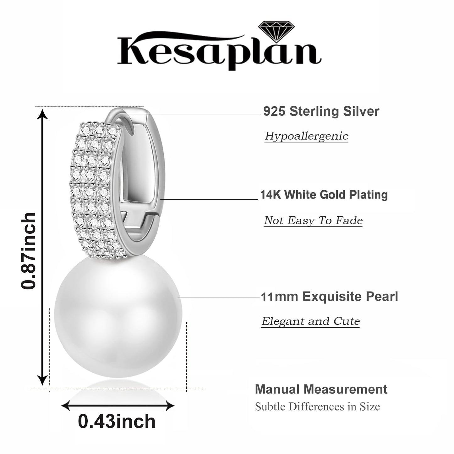 Pearl Earrings for Women 14K Gold Plated Hypoallergenic Pearl Earrings 5A Cubic Zirconia Dangle Earrings Elegant Jewelry (6-Silver)