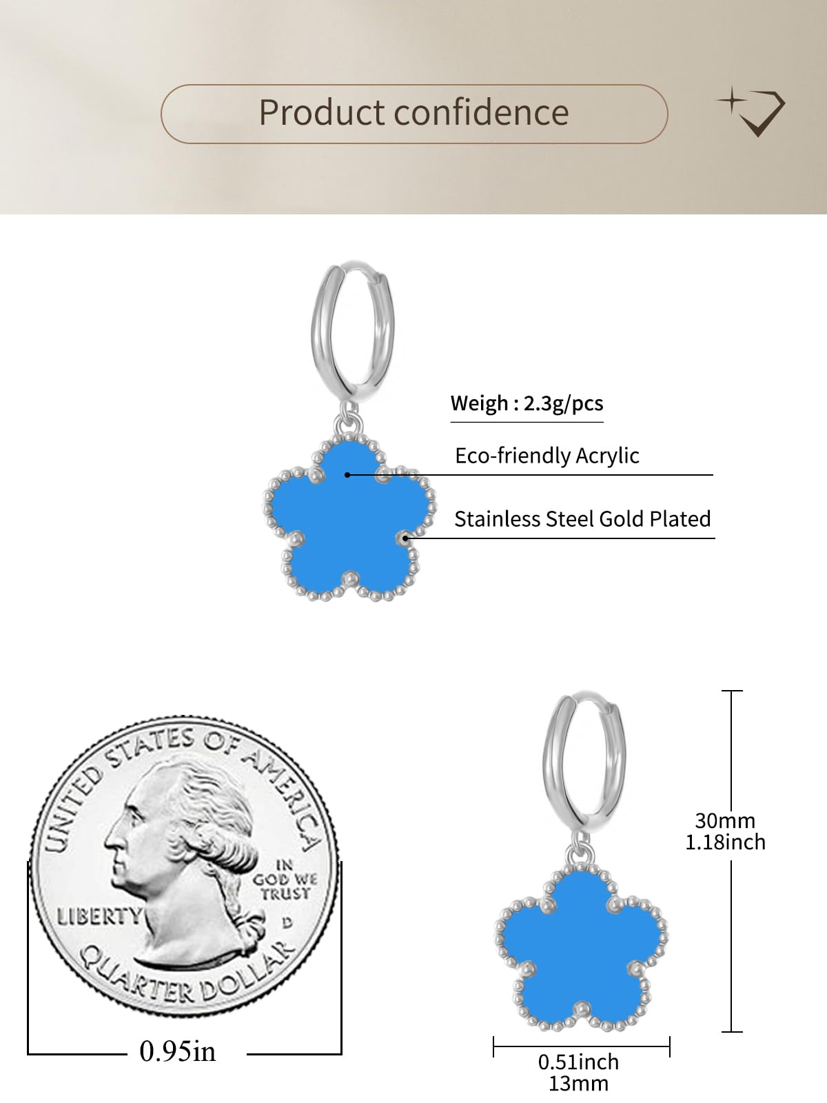 Gold Plated Five Leaf Clover Dangle Earrings for Women Lucky Flower Jewelry (Blue-White Gold Plated)