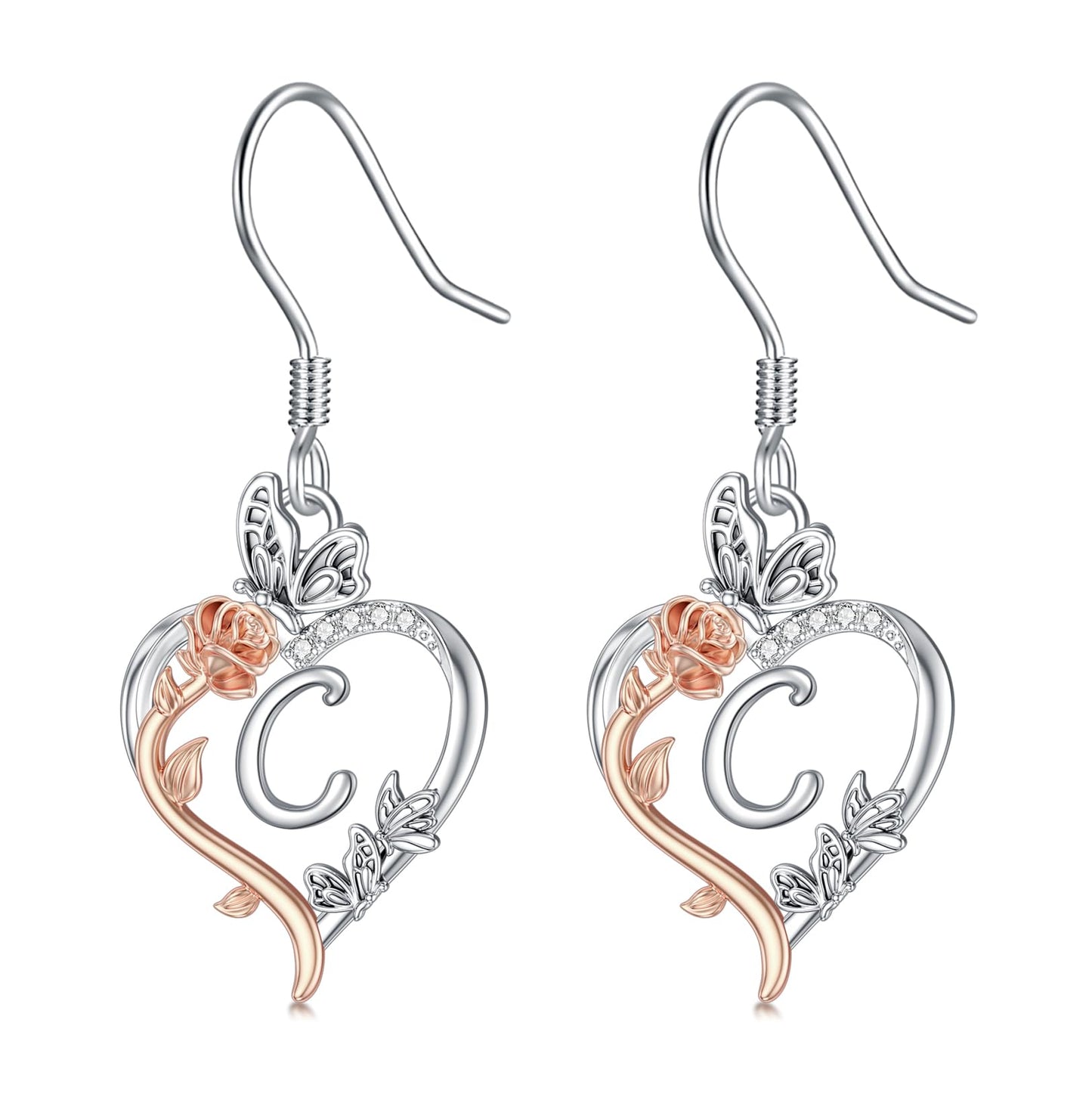 TOUPOP Rose Heart Initial Earrings Sterling Silver Butterfly Earring Initial C Letter Drop Dangle Earrings Jewelry Anniversary Birthday Mothers Day Gifts for Women Mom Wife Girlfriend Her