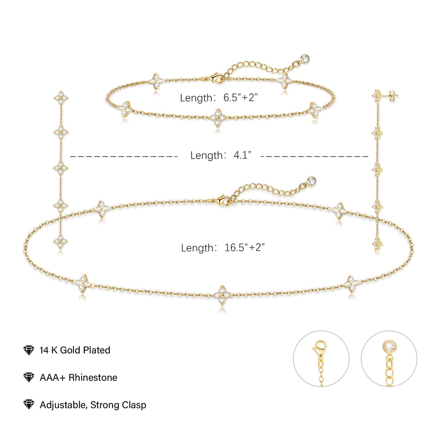 LULII Gold Jewelry Set for Women Dainty 14K Gold Plated Diamond CZ Chain Leaf Necklace and Earring Set with Drop Earrings Bracelets Gold Necklace Wedding Jewelry Gift