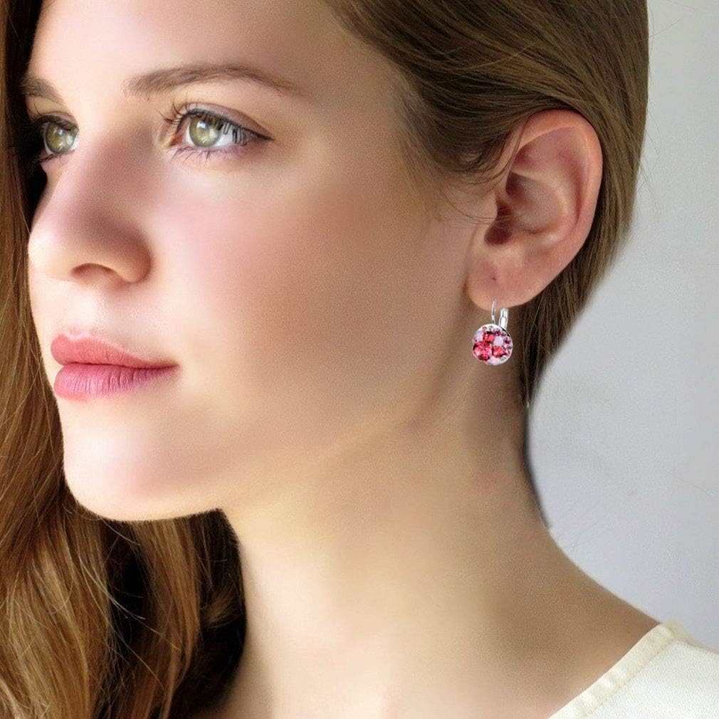 Multicolored Austrian Crystal Earrings for Women 14K Gold Plated Leverback Dangle Hoop Earrings (Pink Red Crystals/Silver-tone)