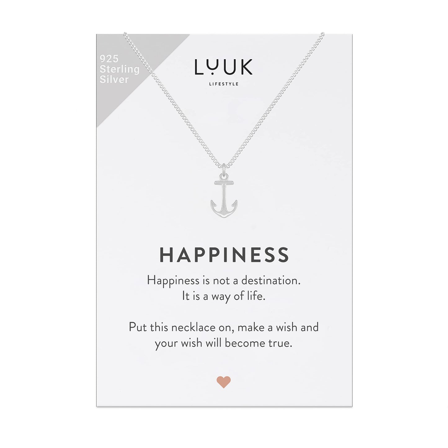 LUUK LIFESTYLE 925 sterling silver necklace with anchor pendant and HAPPINESS gift card, travel lucky charm, women's jewelry, trendy women's accessory, friend and fiancée, silver