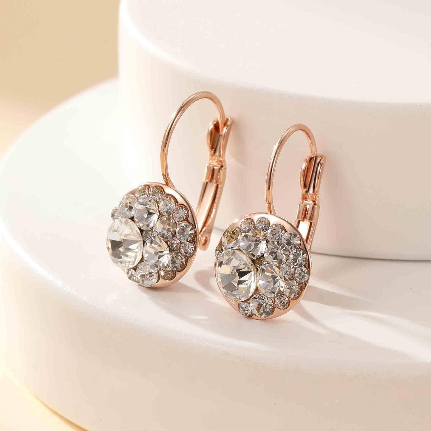 Multicolored Austrian Crystal Leverback Earrings for Women 14K Gold Plated Dangle Hoop Earrings Hypoallergenic Jewelry (Clear White/Rose Gold-tone)