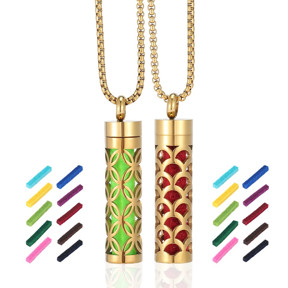 PH PandaHall Essential Oil Diffuser Necklace 2 Styles Golden Aromatherapy Necklaces Column Perfume Bottle Necklace Stainless Steel Locket Pendant with 20pcs Pads for Women Men Birthday Jewelry Gifts