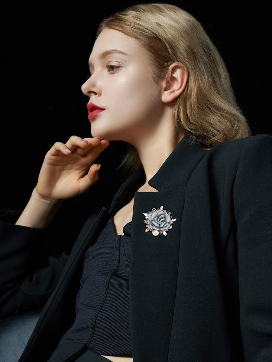 Elegant Rose Flower Brooch Pin for Women Men Wedding Party Gentleman's Essentials Handmade Imitation Crystal Pearl Fabric Flower Lapel Pin Dress Suit Accessories Boutonniere Ideas Gift (Grey)
