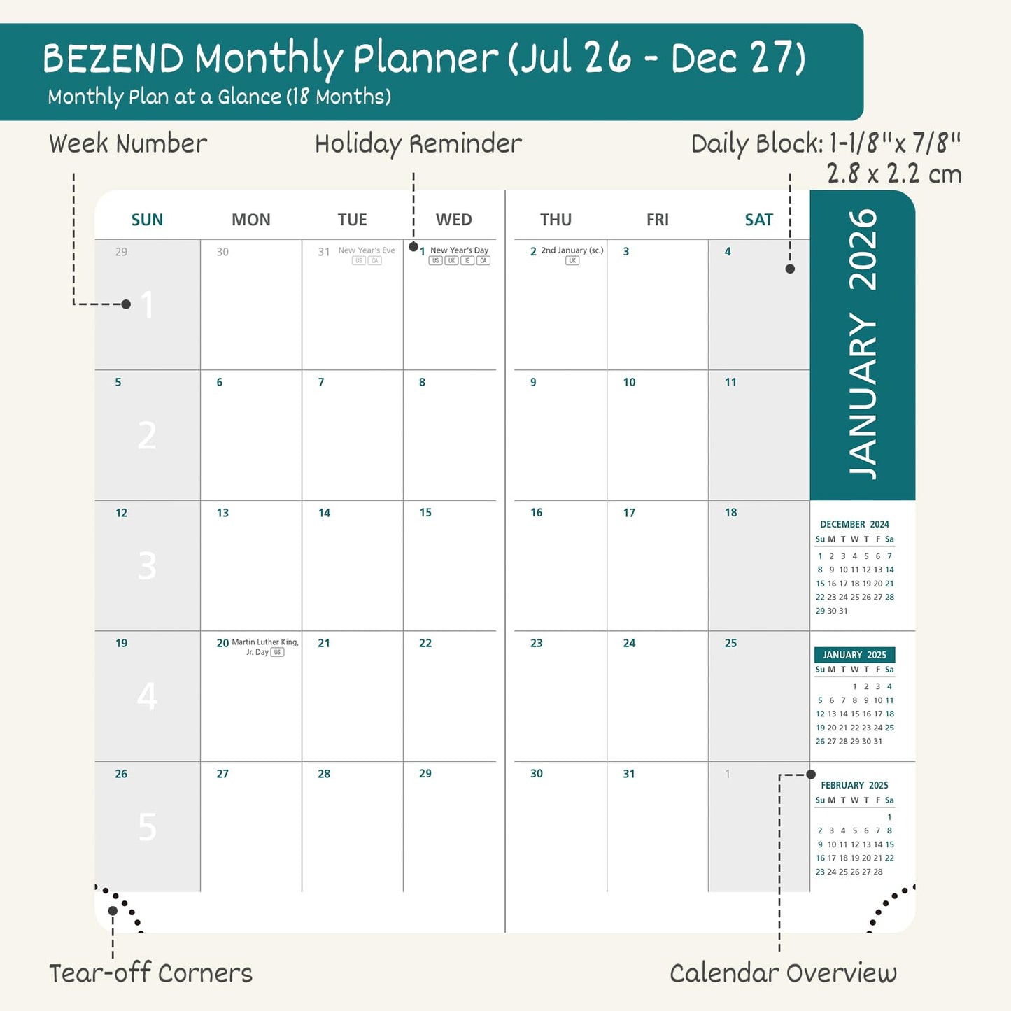 BEZEND Pocket Monthly Planner 2026 2027 Extra Thin & Light (Slim 3.5" x 6.5"), 18-Month Academic Mini Calendar (Jul 26 - Dec 27), Ideal for Students & Professionals, PU Leather Softcover - Mustard