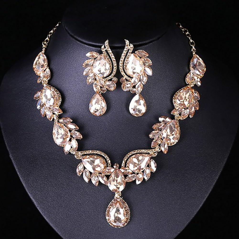 Qlavoca Elegant Crystal Jewelry Set for Women Teardrop Pandent Neccklace Rhinestone Satement Necklace and Dangle Earrings for Bridal Evening (Champagne)