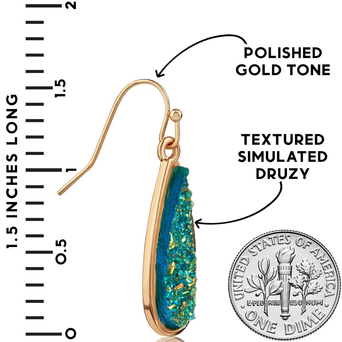Simulated Druzy Drop Dangles - Sparkly Long Teardrop Dangly Earrings for Women, Gold Tone - Blue Green Stone