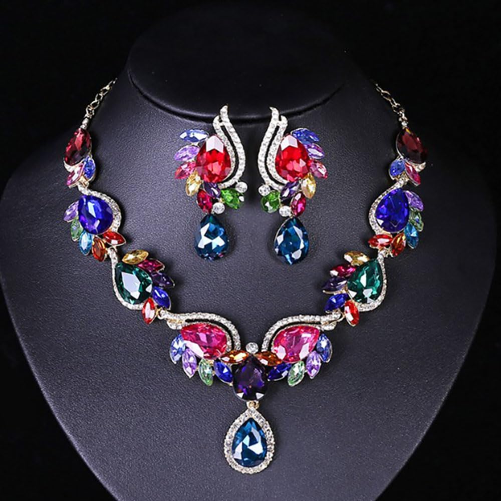 Qlavoca Crystal Rhinestone Statement Necklace jewerly Set Teardrop Cluster Dangle Earrings Set for Bridal Evening Prom Jewelry Accessories (Colorful)