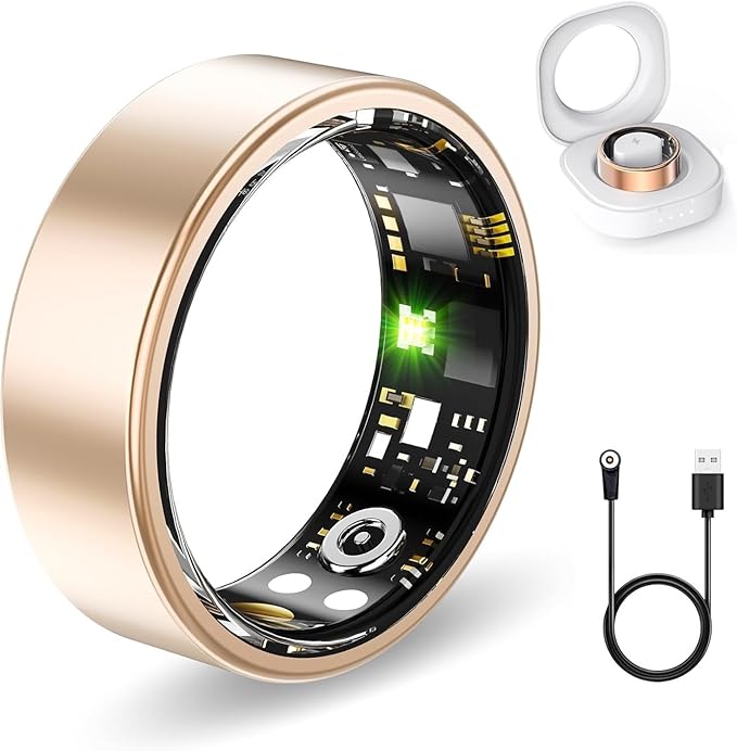 Smart Health Rings for Women Men, Fitness Tracker with Heart Rate, Blood Oxygen, HRV, Sleep Tracker, Step Tracker, No Subscription Fee, IP68 Waterproof Smart Ring for iphone & Android (Gold, 8#)