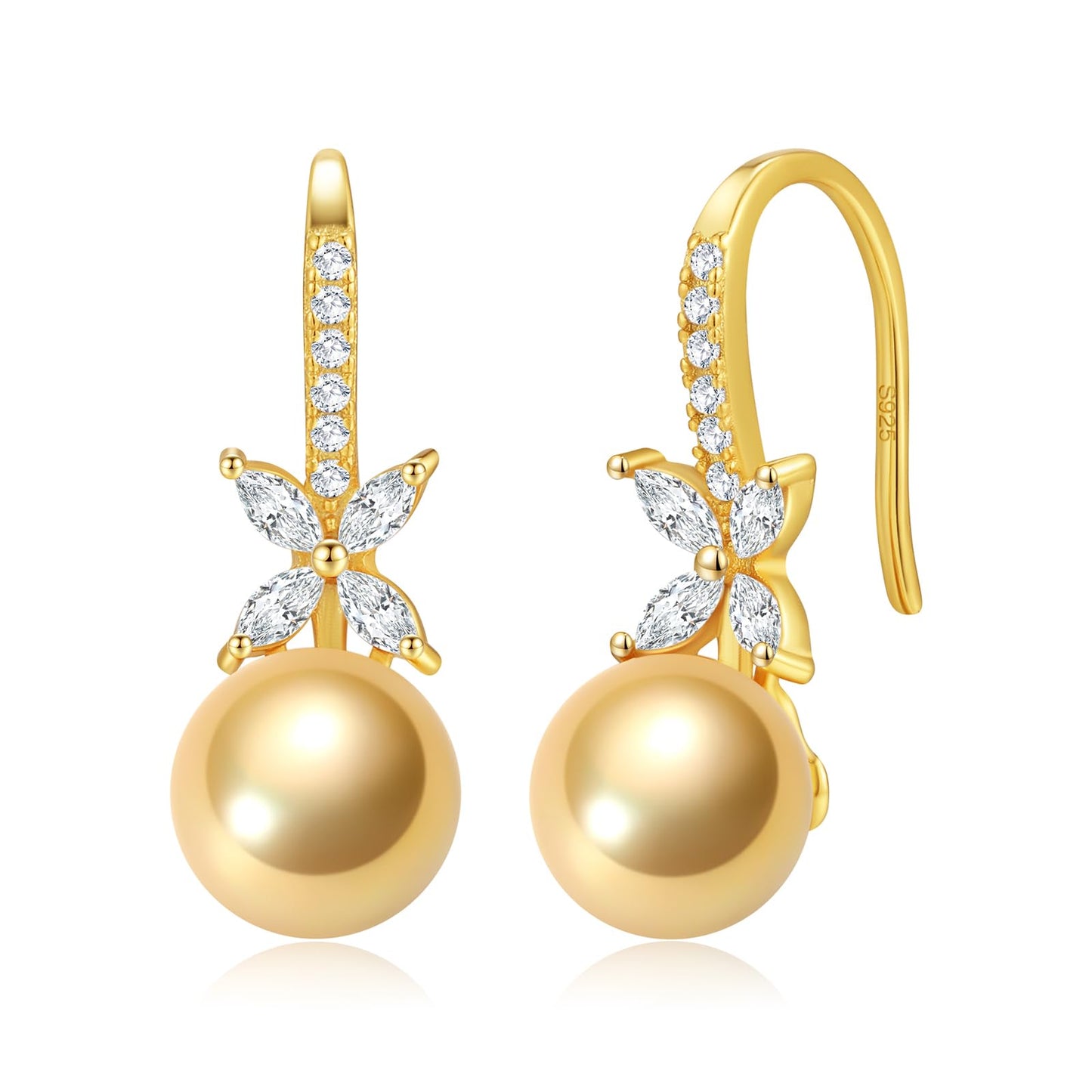 BAMIKI Pearl Drop Earrings for Women - 925 Sterling Silver 18k Gold Plated Hypoallergenic Golden Saltwater Cultured Pearls Ear Hook Earrings with Cubic Zirconia Jewelry Gifts for Mother Wife