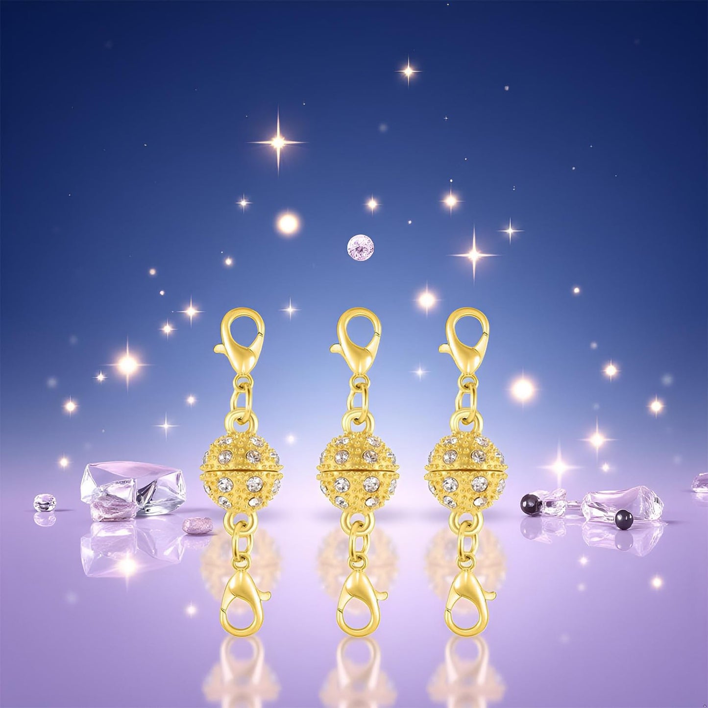 Magnetic Necklace Clasps, 18K Gold and Silver, Crystal Rhinestone Ball Connector with Lobster Clasp, Jewelry Extender for Necklaces, Bracelets (12pcs Golden Silvery)