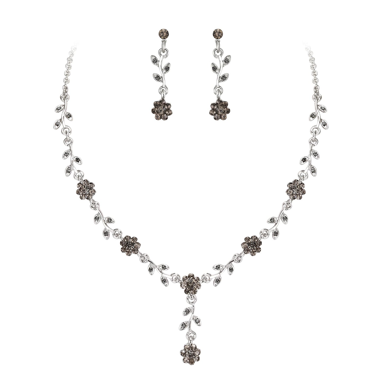 EVER FAITH Rhinestone Costume Jewelry Austrian Crystal Prom Party Feast Flower Necklace Earrings Set for Women Grey Silver-Tone