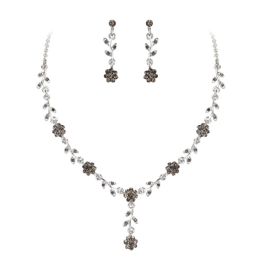 EVER FAITH Rhinestone Costume Jewelry Austrian Crystal Prom Party Feast Flower Necklace Earrings Set for Women Grey Silver-Tone
