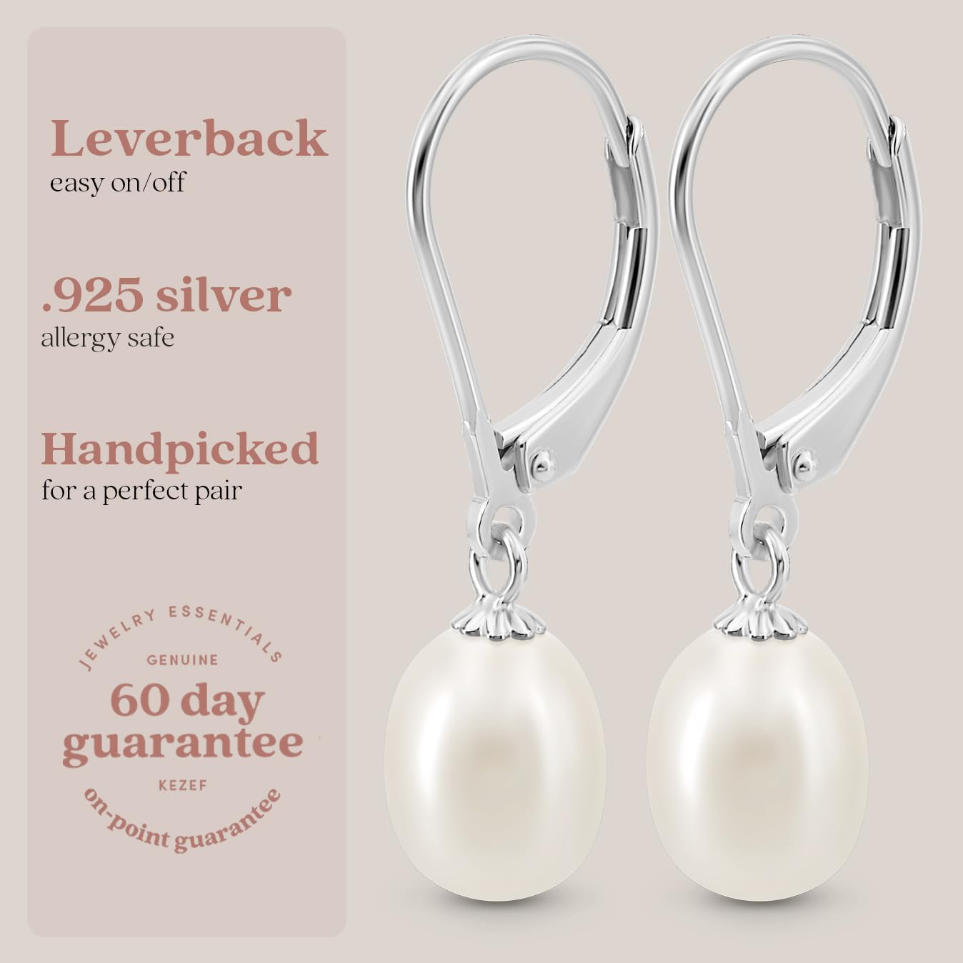 KEZEF Freshwater Cultured Pearl Drop Earrings, 14k White Gold Plated Sterling Silver, 7-8mm Dangle Earrings, Leverback, Hypoallergenic for Women, White Pearl Earrings