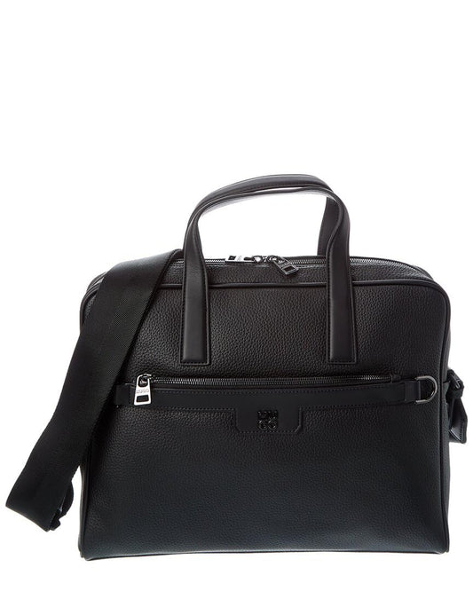 HUGO Stacked Logo Leather Briefcase, Black Currant, PCE.