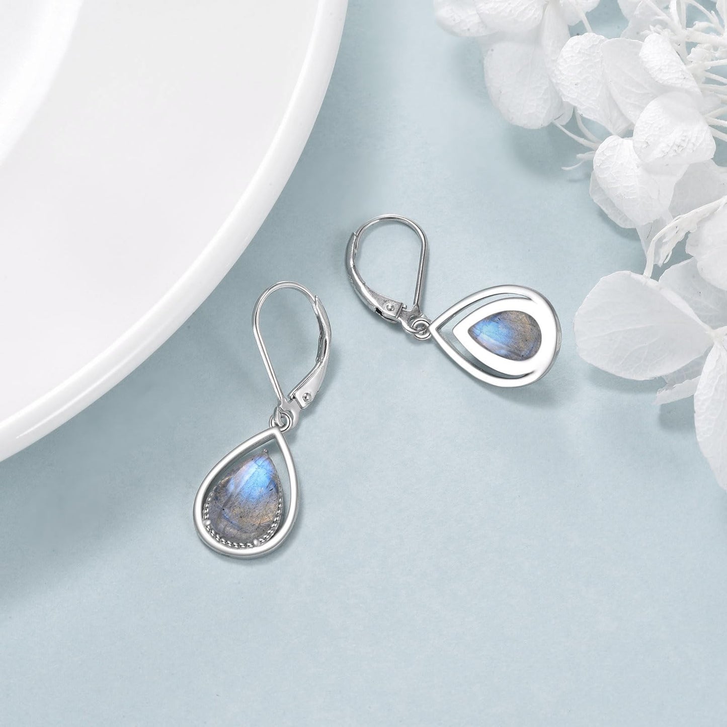 VONALA Labradorite Earrings 925 Sterling Silver Labradorite Leverback Earrings Teardrop Dangle Dangling Earrings Jewelry Gift for Women