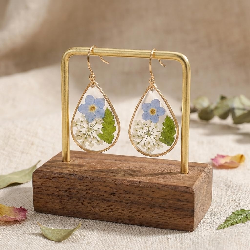 Jean Beau Handmade Blue Pressed Flower Earrings for Women, Forget-Me-Not Queen Anne's Lace Nature Dried Flowers Teardrop Dangle Floral Earings Jewelry Gift