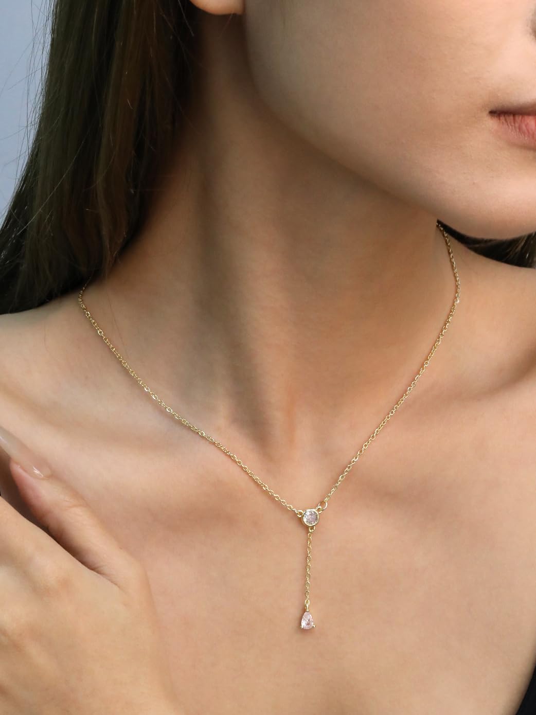 LUXU kisskids Gold Pendant Necklace for Women, Dainty Lariat Y-Shaped Chain, Stainless Steel CZ Drop Chain Adjustable Hypoallergenic Jewelry Gift
