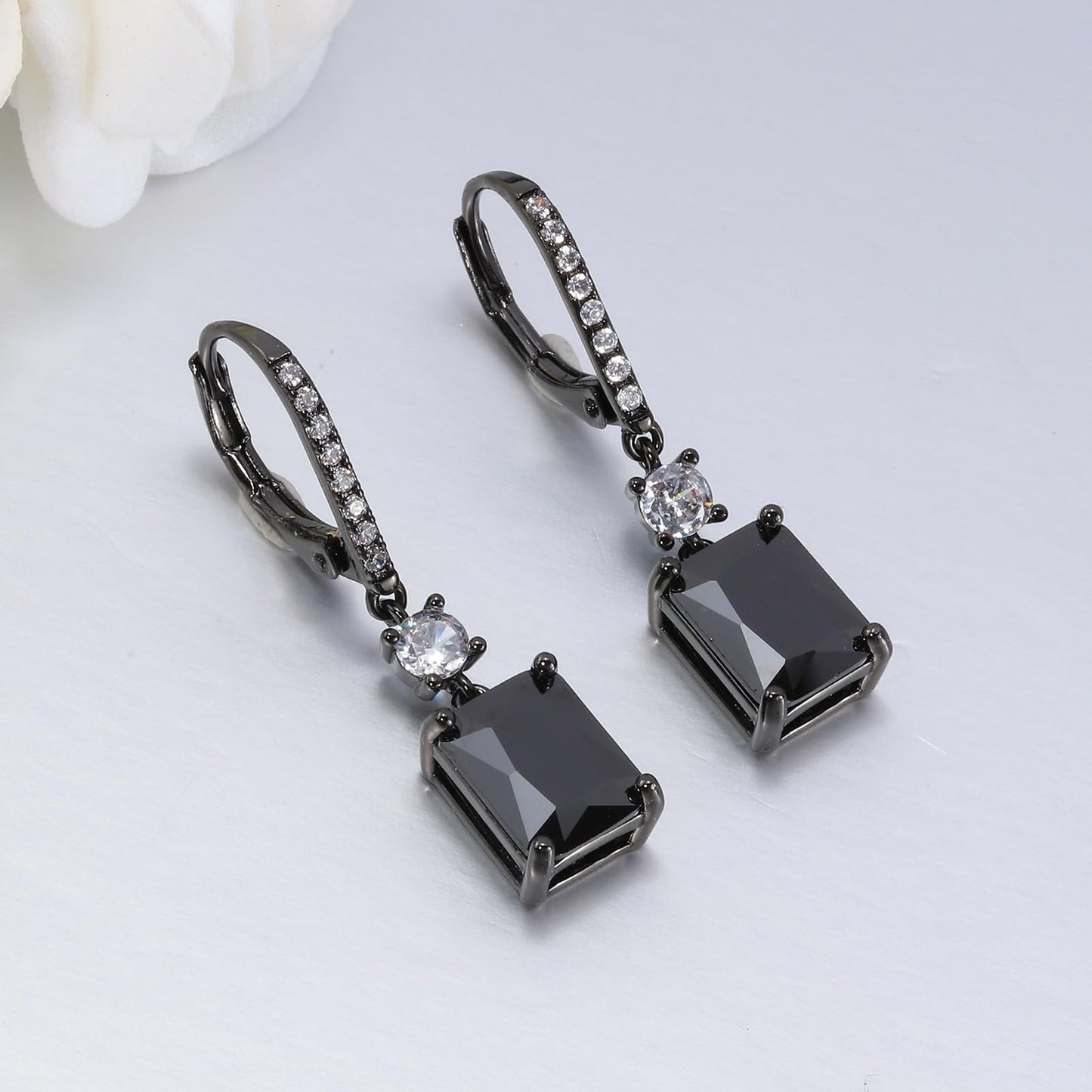 CiNily Leverback Earrings for Women Rectangular-cut Drop Dangle Earring Hypoallergenic, 14K Black Gold Plated Black Cubic Zircon Earrings Diamond Dangle Ear Rings Jewelry Birthday