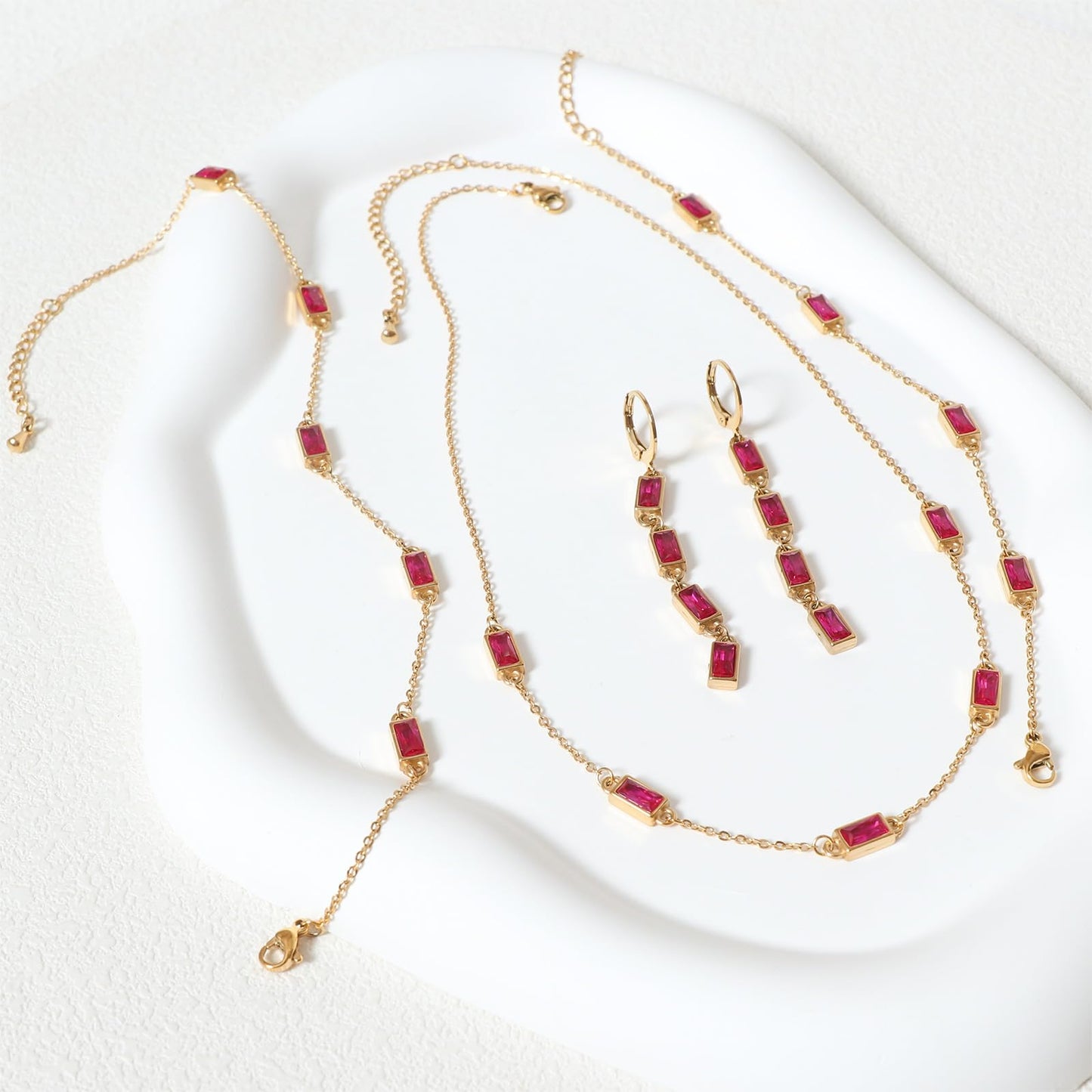 TaYolnFaSo Emerald-cut Red Cubic Zirconia Jewelry Set for Women 18k Gold Plated Red Necklace Earring Bracelet Anklet January Birthstone Garnet Jewelry Prom Wedding Birthday Gift