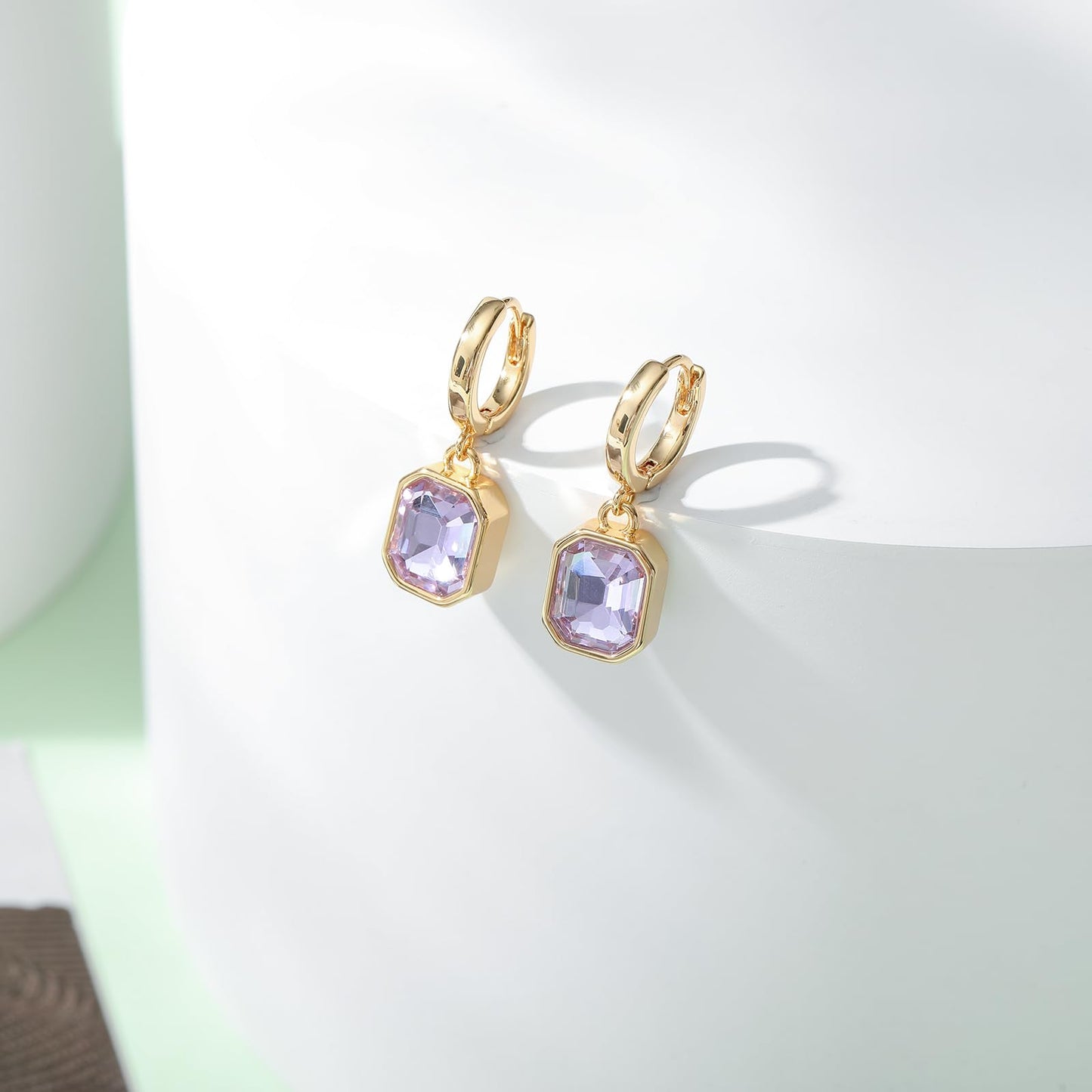 Birthstone Crystal Dangle Drop Earrings, 18K Gold Plated Huggie Hoop Hypoallergenic Earring Jewelry Gifts for Women (Purple)
