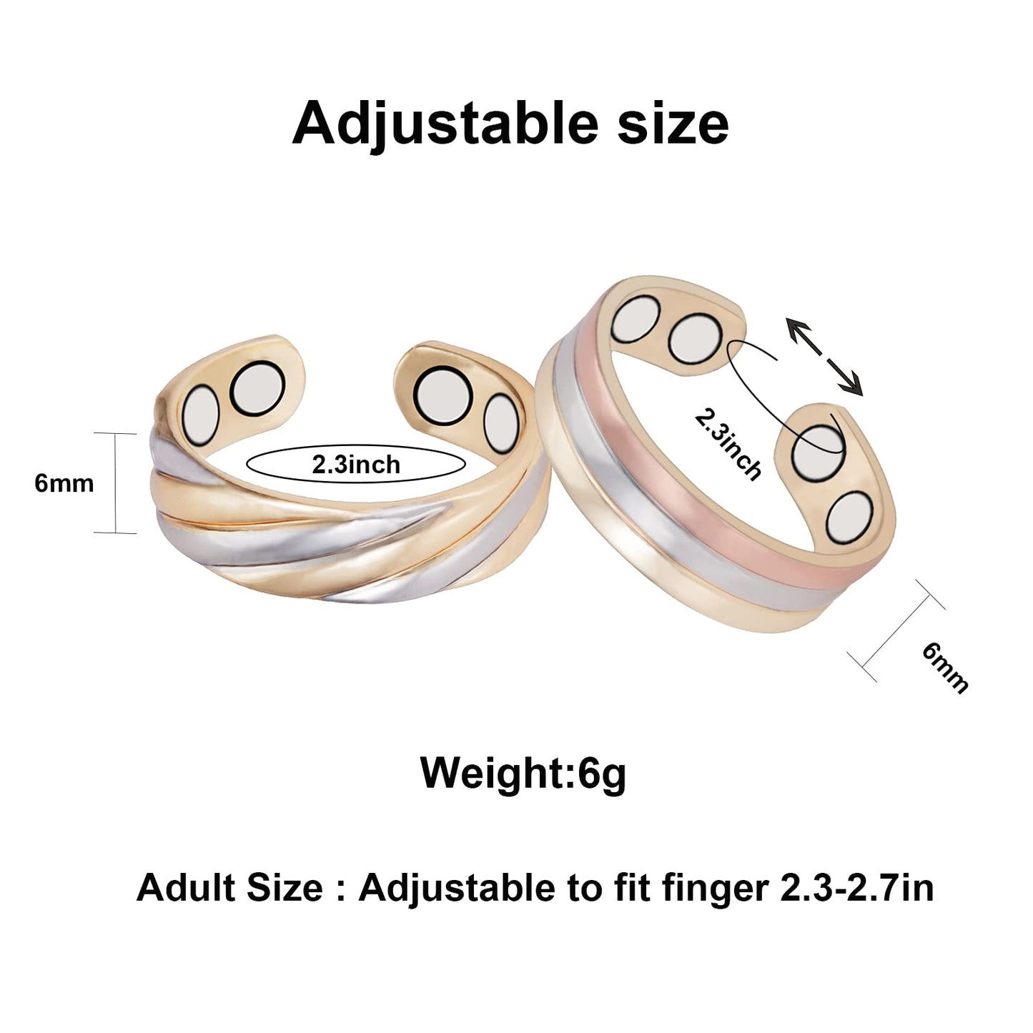 EnerMagiX Pure Copper Rings for Women, 2PCS Adjustable Magnetic Tricolor Gold Ring, Copper Jewelry（0949 0950）