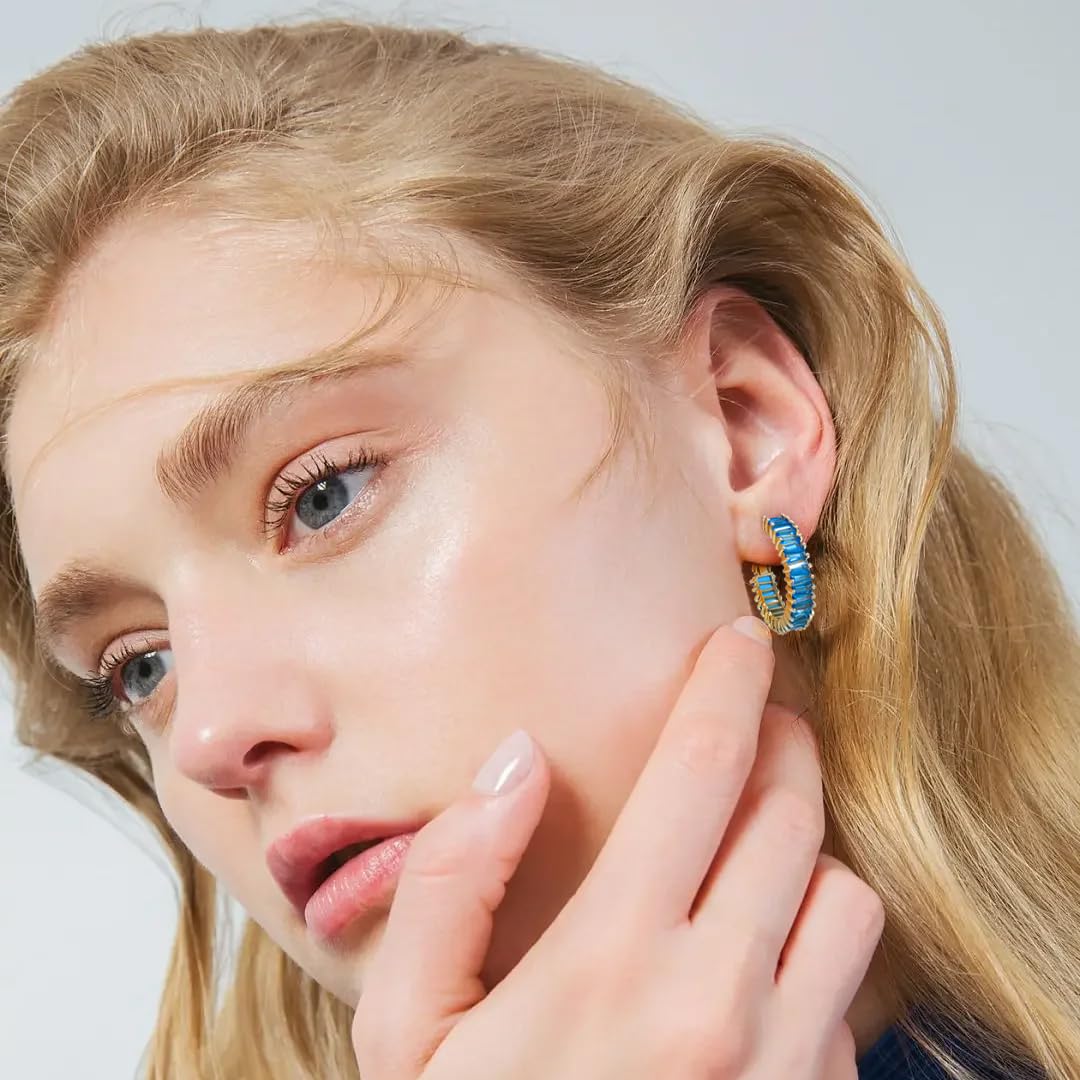 GLOQUAT Sky Blue Crystal Hoop Earrings 14K Gold Plated Aquamarine Hoops for Women S925 Silver Post Vintage Baguette Cubic Zirconia Gold Round Circle Hoops Lightweight and Hypoallergenic Jewelry 25mm
