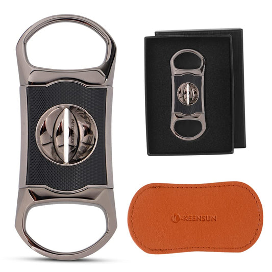 KEENSUN Zinc Alloy V-Cut Cigar Cutter (Gun Color and Black CNC Engraved Diamond Shell), 60 Ring Gauge, Stainless Steel Cut Blade with Leather Case and Gift Box