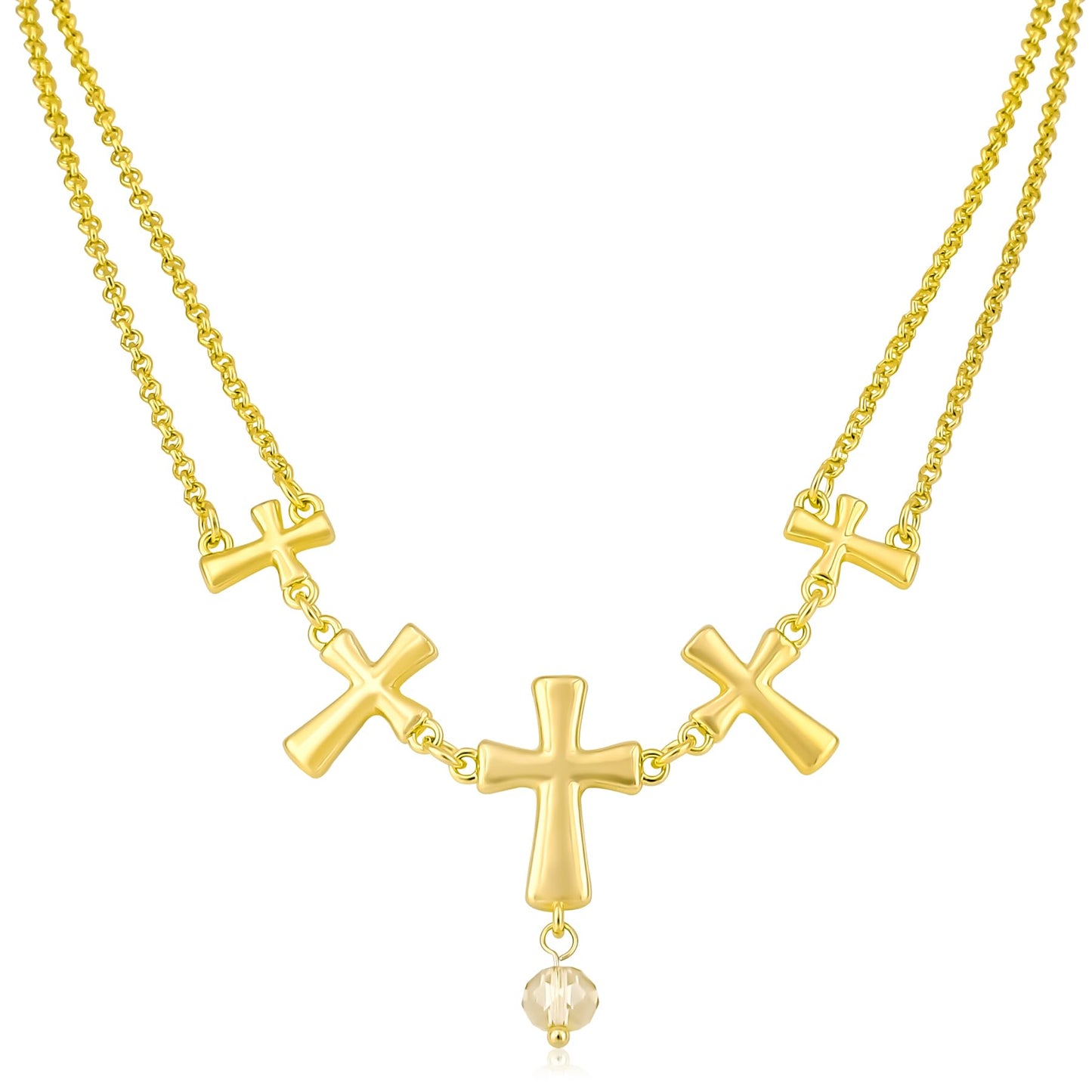 NEKOL Vintage Layered Gold Cross Charm Necklace for Women, Double Chain Faith Cross Pendant Necklace with Dangle Glass Beads Religion Jewelry Gifts for Women