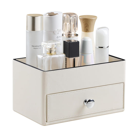 MEIBOOCH PU Leather Desk Organizer with Drawer, Multifunctional Nightstand Organizer, Waterproof Makeup Organizer for Vanity Bathroom Countertop Bedside Table (Beige)