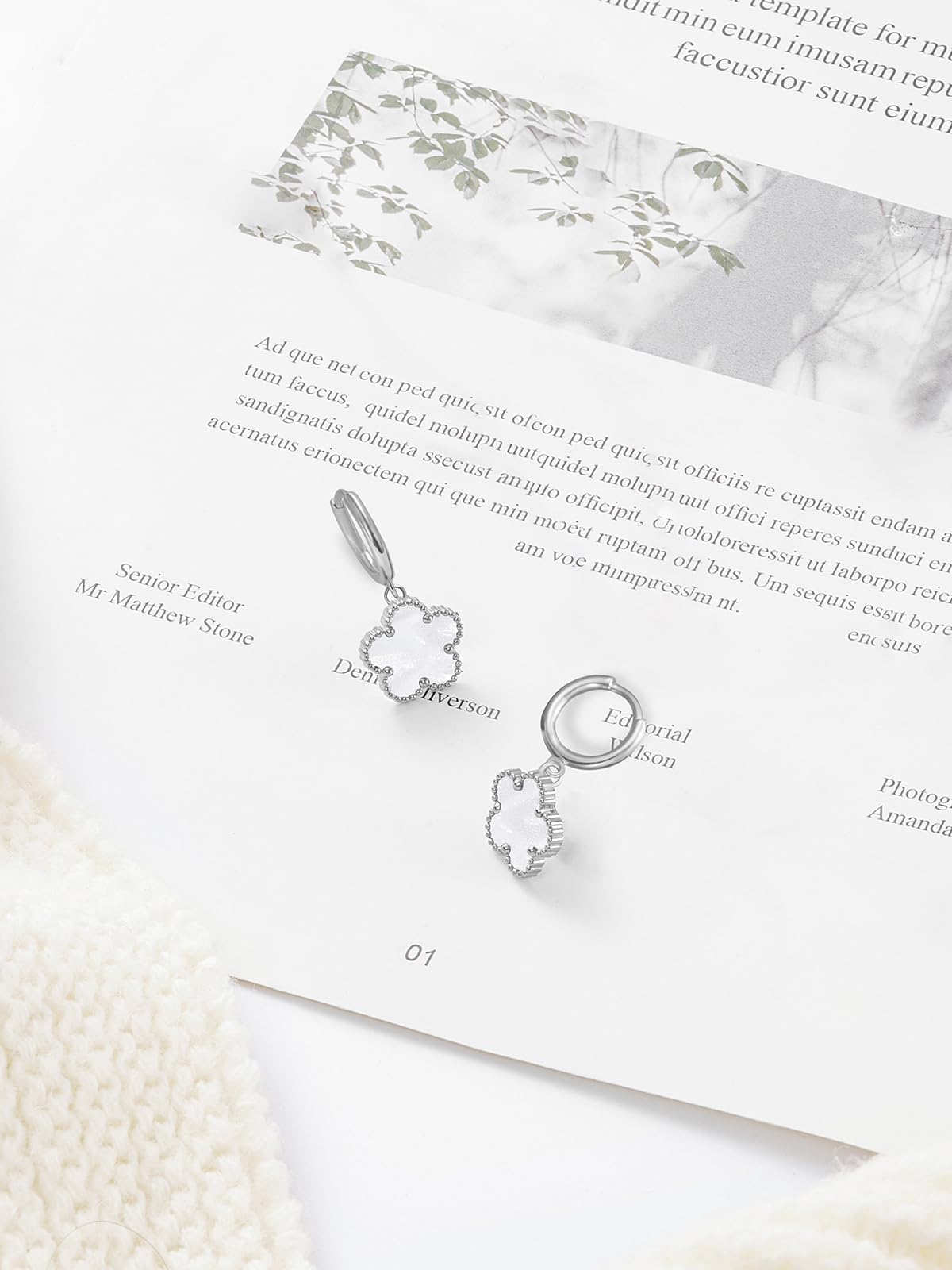 Gold Plated Five Leaf Clover Dangle Earrings for Women Lucky Flower Jewelry (White-White Gold Plated)