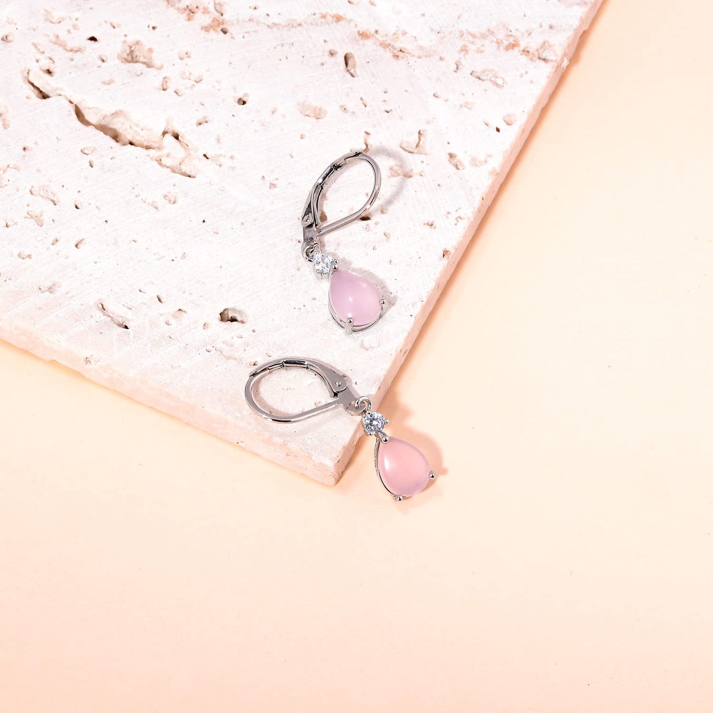 CiNily Womens Pink Leverback Dangle Earrings for Women Rose Quartz Drop Earrings 14K White Gold Plated Teardrop Gemstone Earrings