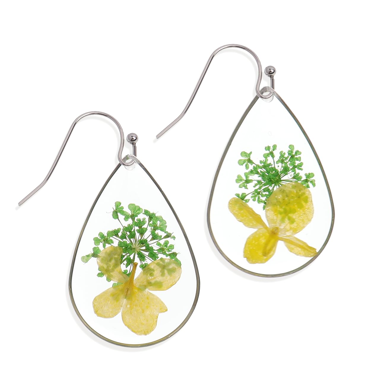 JeanBeau Handmade Pressed Flower Earrings for Women, Unique Resin Nature Dried Flowers Sterling Silver Teardrop Dangle Drop Statement Yellow Lime Green Floral Earings Fashion Summer Jewelry Gift