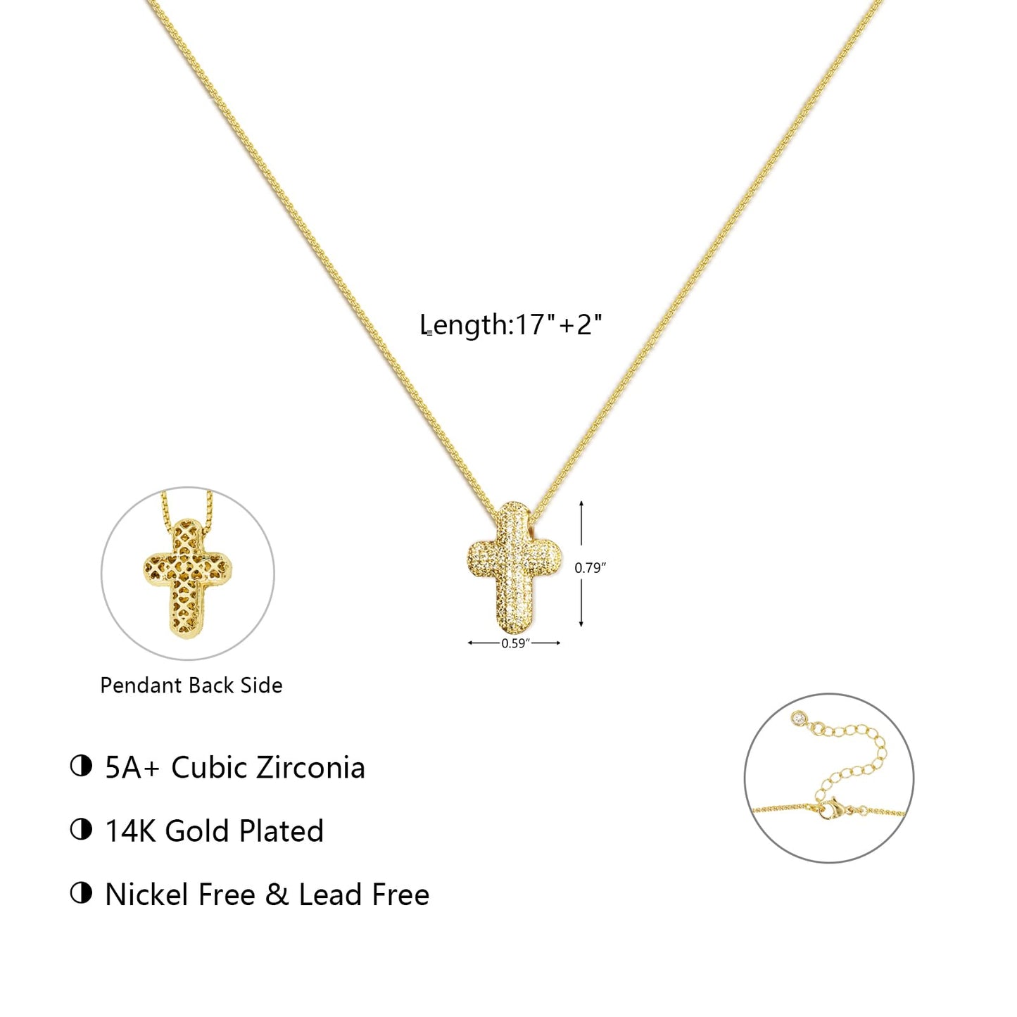 OGD Cross Necklace for Women Gold Plated 14K Trendy CZ Diamond Crucifix Charm Bubble Necklace Dainty Cross Chain Pendant Hypoallergenic Delicate Faith Choker Religious Jewelry Gifts for Women