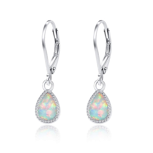 Teardrop Leverback Drop Dangly Safety Earrings, 925 Sterling Silver Opal Jewelry Valentine Gift for Women Girlfriend Daughter with Gift Box