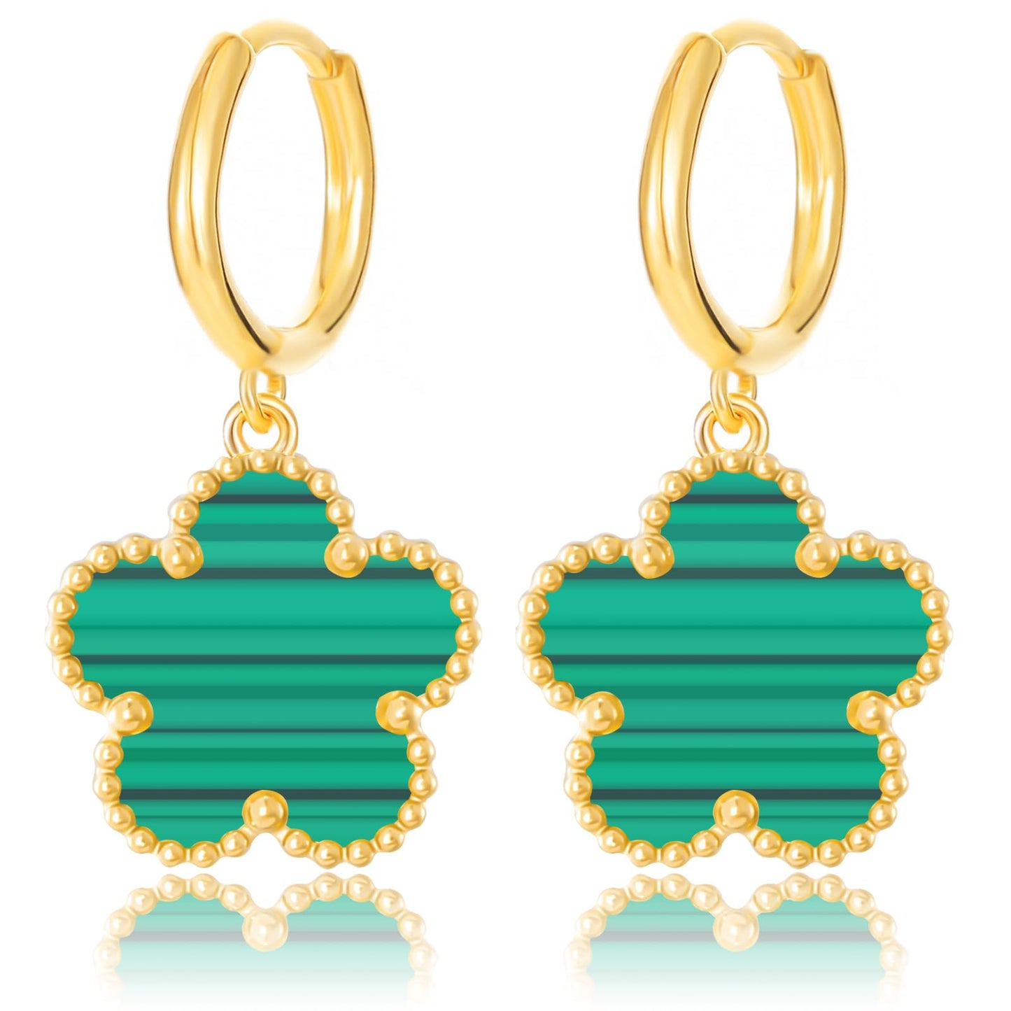 Gold Plated Five Leaf Clover Dangle Earrings for Women Lucky Flower Jewelry (Green Stripe-14K Gold Plated)