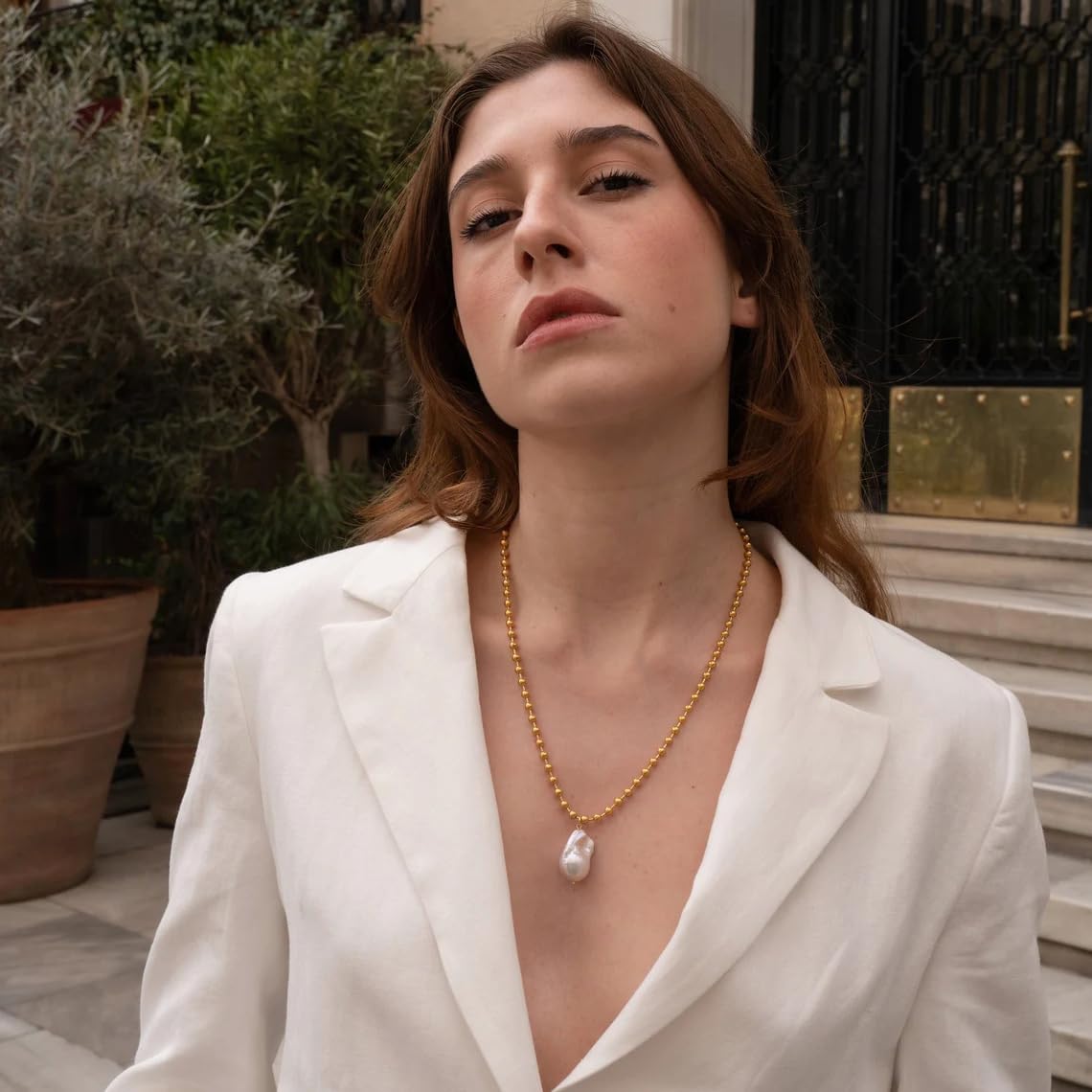 Large Natural Baroque Pearl Pendant Necklace for Women Dainty 14K Gold Plated Beaded Chain Dangling Handpicked Freshwater Cultured White Single Pearl Necklace Fashion Jewelry Gift 18''
