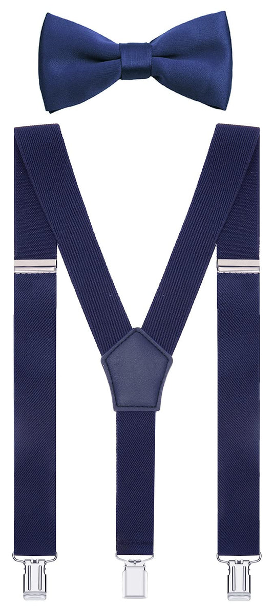 WDSKY Boys' Suspenders and Bow Tie Set Y Shape Adjustable Elastic 40 Inches Navy Blue