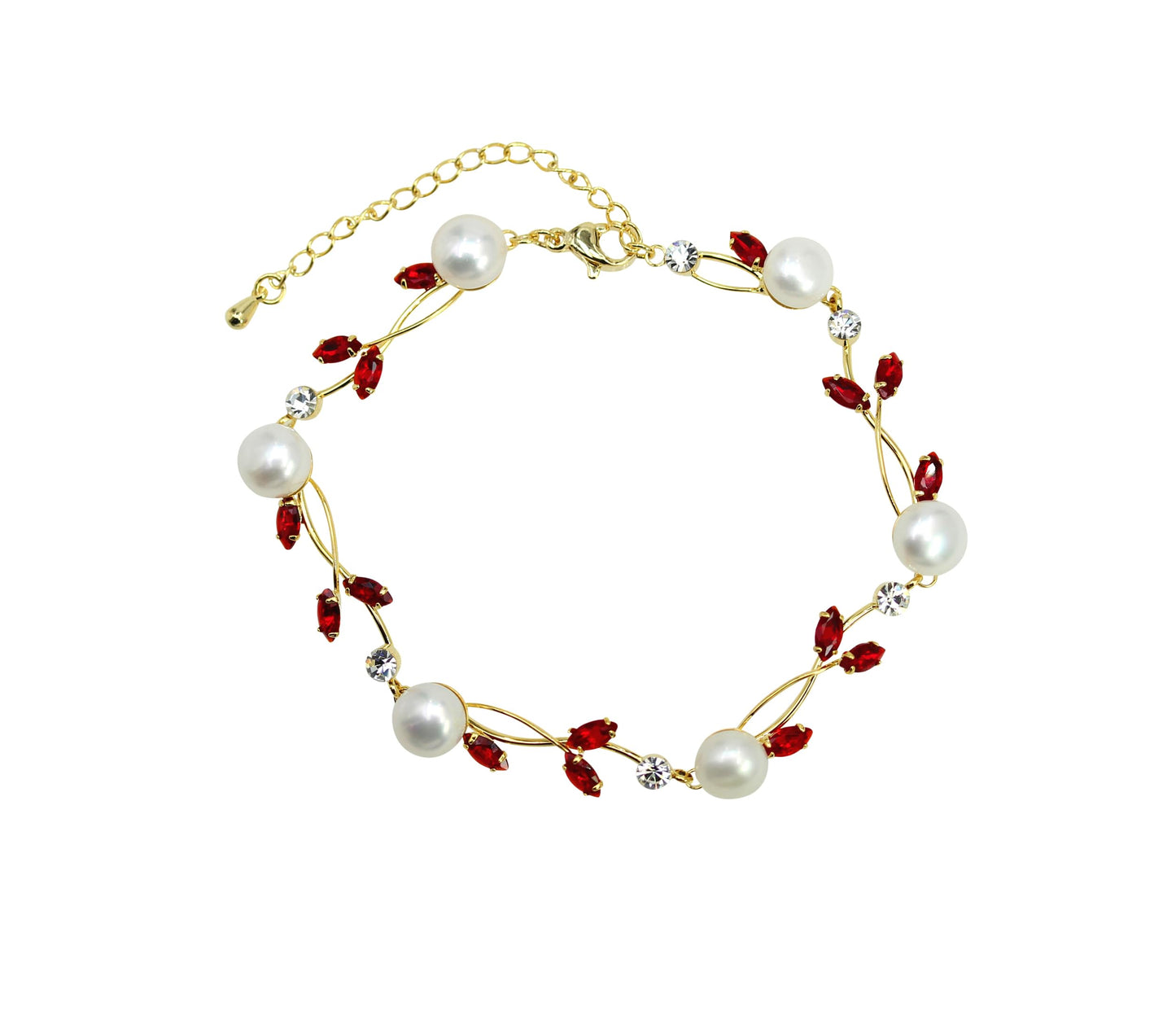 Faship Red CZ Crystal Genuine Freshwater Pearls Floral Bracelet 7.5" - 9.5" - Red/Gold Plated/Matching Bracelet
