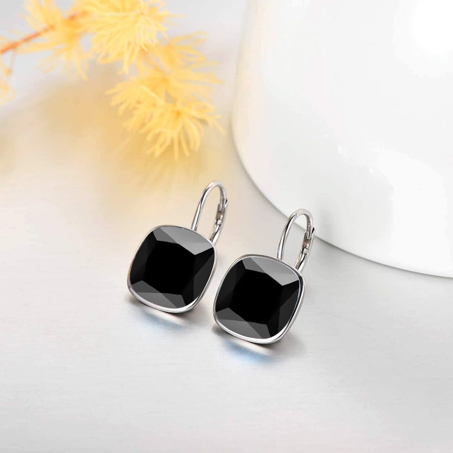 AOBOCO Sterling Silver Leverback Earrings Embellished with Crystals from Austria, Hypoallergenic Cushion Cut Square Crystal Earrings, Fine Anniversary Birthday Jewelry Gifts for Women (Black)