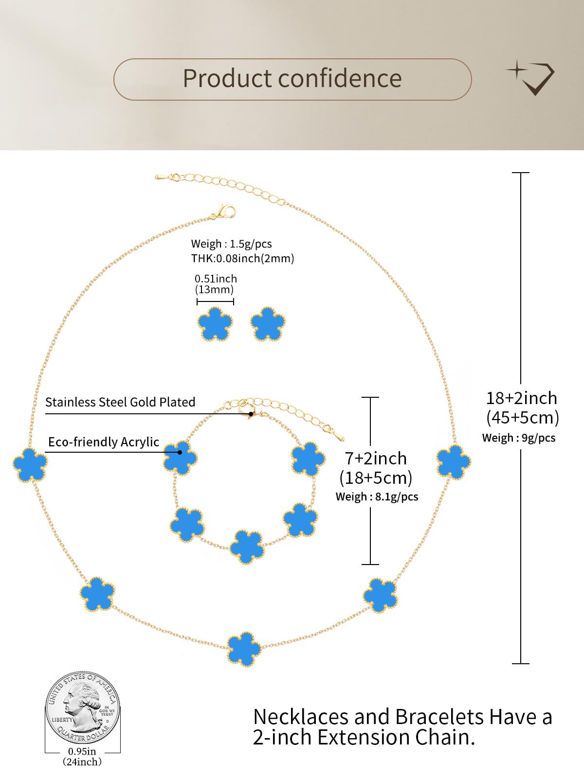 Qinpan Five Leaf Clover Necklace Bracelet and Stud Earrings Set for Women Lucky Flower Jewelry (Blue-14K Gold Plated)