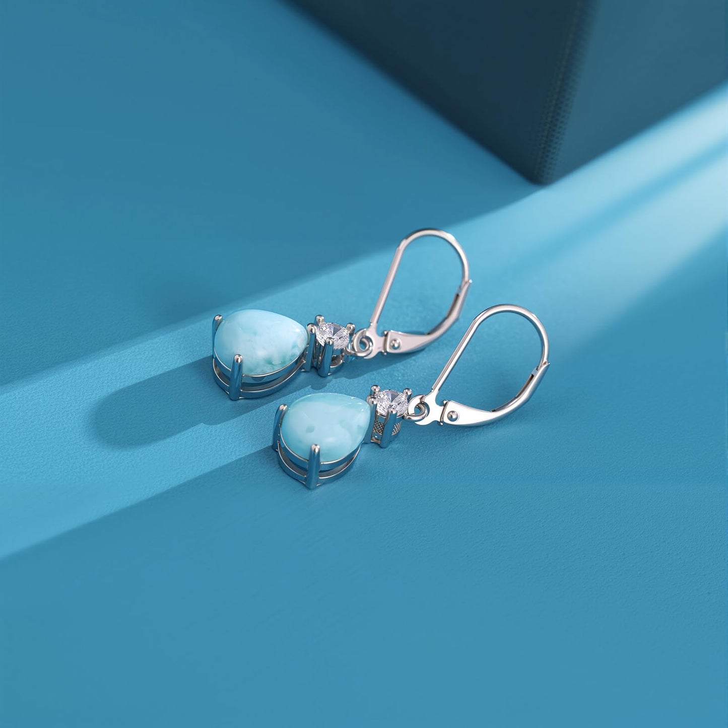 14K White Gold Filled Sterling Silver 7x9mm Teardrop Larimar Gemstone Dangle Earrings for Women