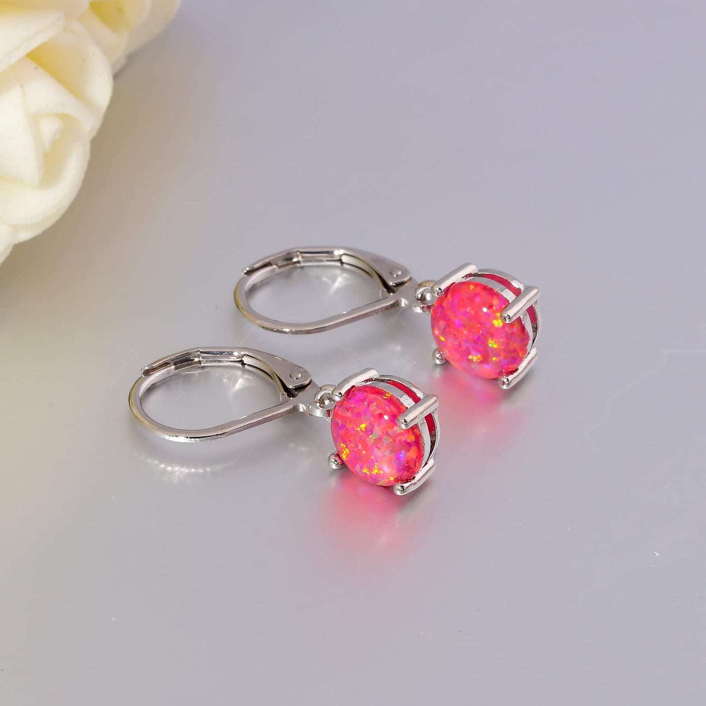 CiNily Round-Cut Opal Dangle Earrings for Women Hypoallergenic Rose Red Fire Opal Rhodium Plated Leverback Gemstone Drop Earrings Jewelry